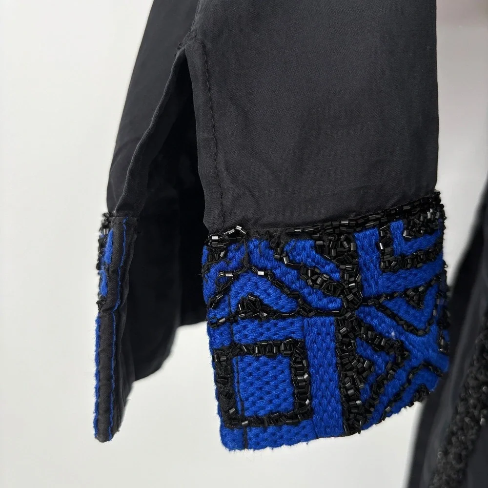 Tory Burch Cotton Tunic‎ Blue Black Embroidered Beaded Boho Top Size 6